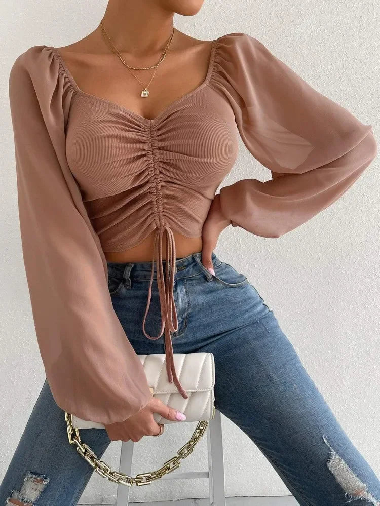 Plus Size Women Tops Drawstring Front Sheer Sleeve Crop T-Shirt Plunge Neck Long Sleeve Ribb-knit Ruched Blouse Spring Summer