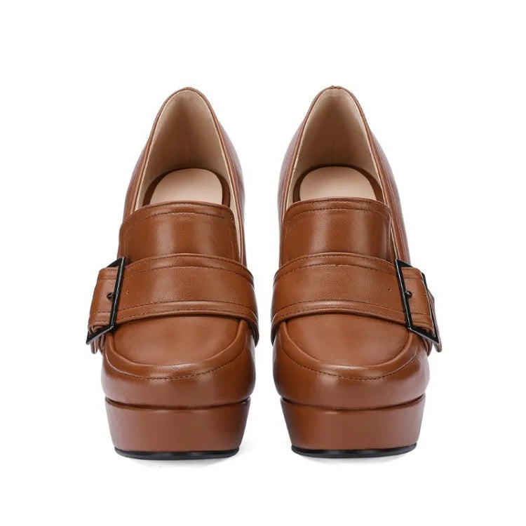 Round Toe High Heel Belt Buckle Women Single Shoes 2024 New Black Brown Spring  Autumn Waterproof Platform High Heels Size 34-43