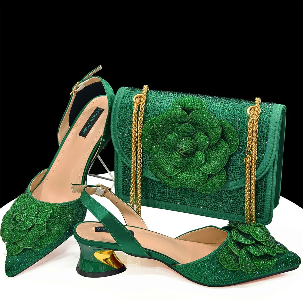 Conjuntos italianos de zapatos y bolsos con pedrería dorada HDF1-3