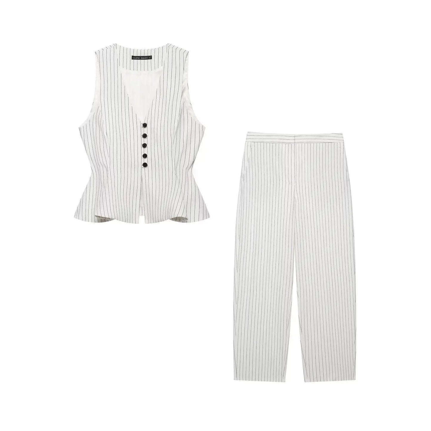 Women Fashion Stripe Sets Sexy Sleeveless Button Fold Hem Top+Wide-Leg Pants Summer Autumn Vacation Leisure New 2 Pieces