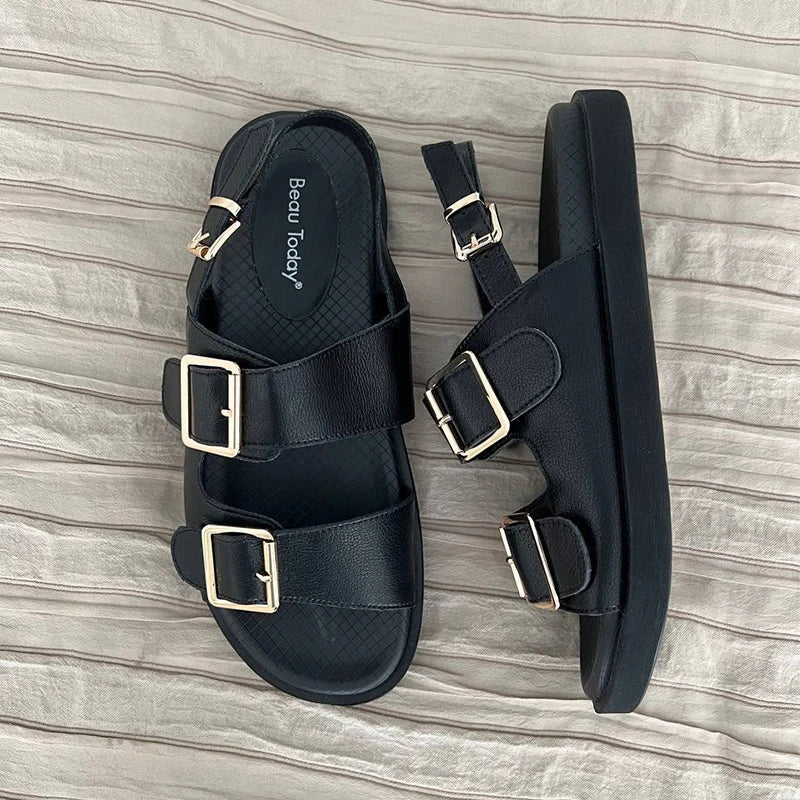 BeauToday Casual Sandals Women Genuine Leather Metal Ankle Buckle Strap Summer Beach Ladies Low Heel Sport Shoes Handmade 38128