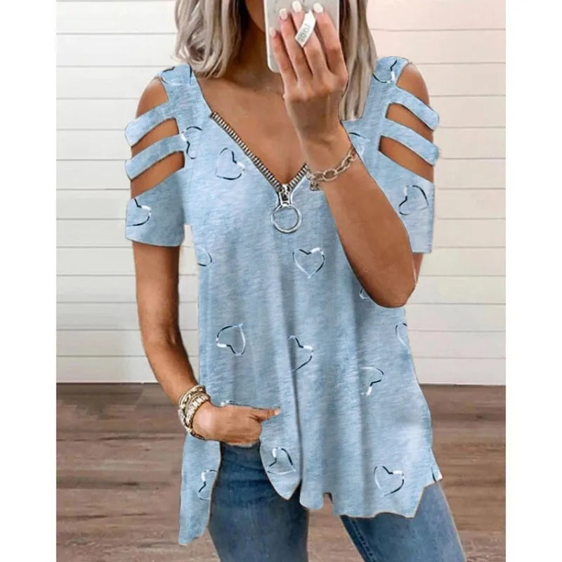 Plus Size V-Neck Zipper Print Sexy Hollow Short Sleeve Loose Casual T-Shirt Women's Tops