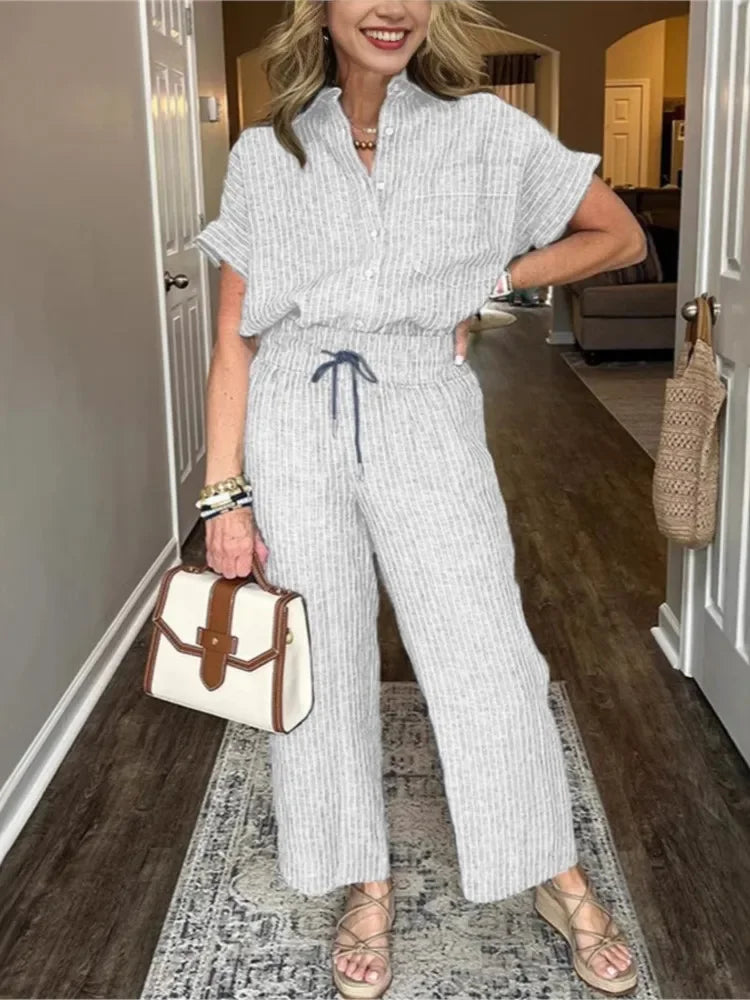 Classic Spring Autumn Cotton Linen Striped Printed Short Sleeve Shirt 2 Piece Set Retro Casual Loose Waist Trousers Women's Suit