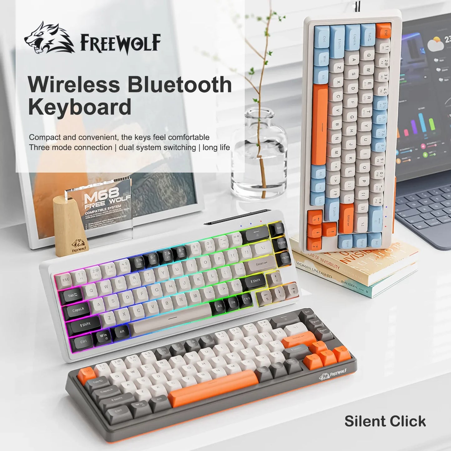 FREEWOLF M68 68 Keys Wireless Keyboard Mouse Combo, PBT RGB Tri-Mode Bluetooth/2.4G/Wired Keyboard, Silent Keyboard Mouse Set