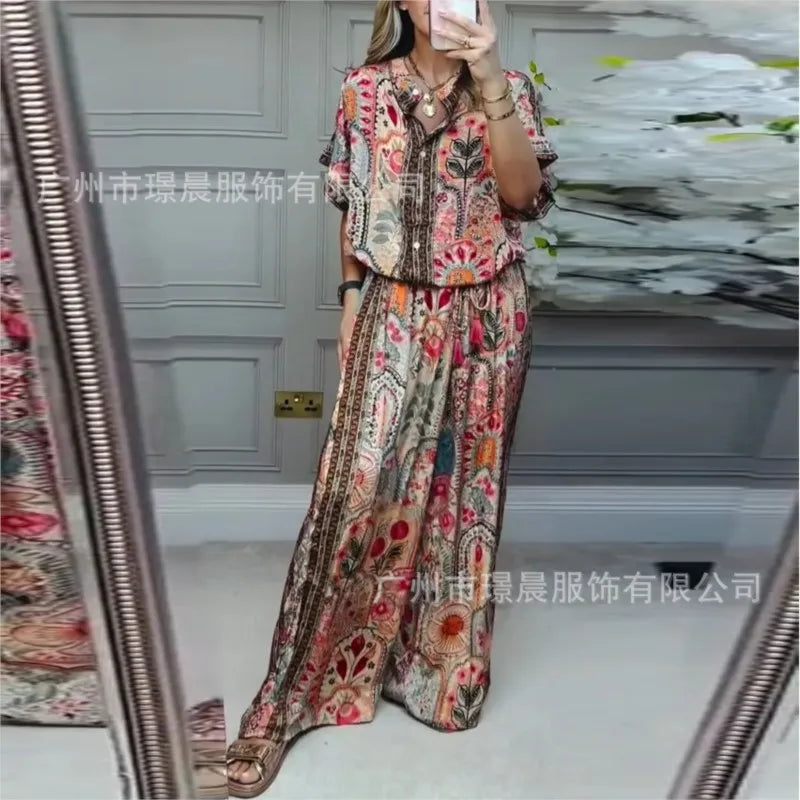 Retro Bohemian Print Set 2025 Summer Women's Two-piece Suit Short-sleeved Shirt Top + Wide-leg Pants for Summer Vacation Female