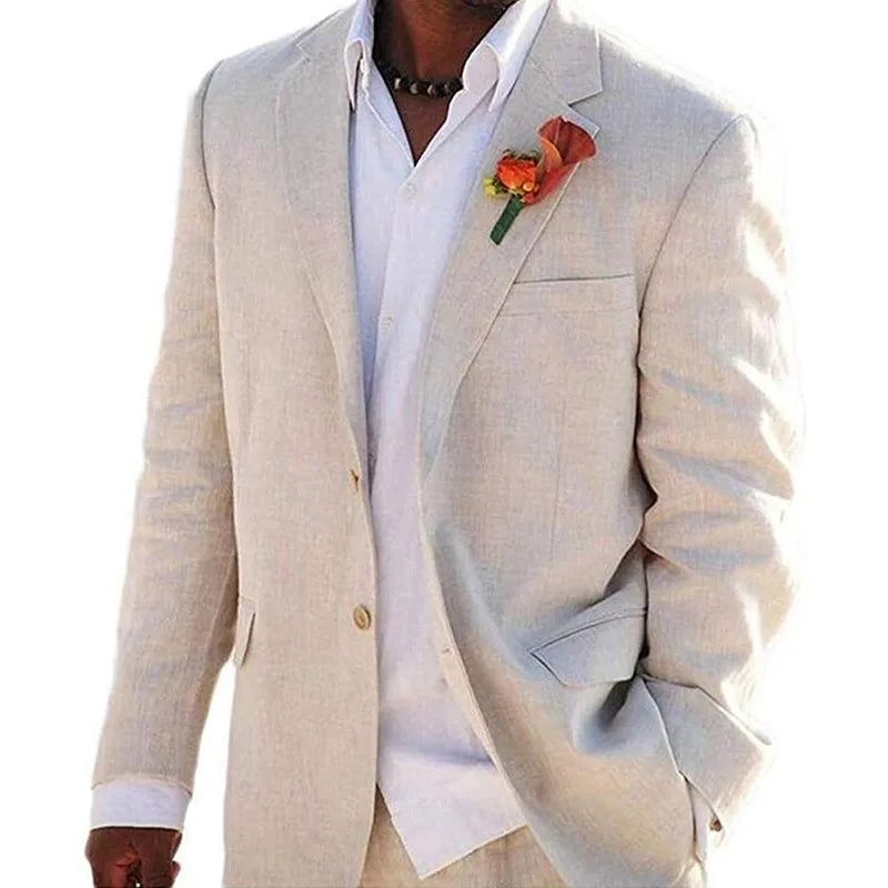 Beige Linen Men Suits 2 Pieces Beach Wedding American Style Jacket