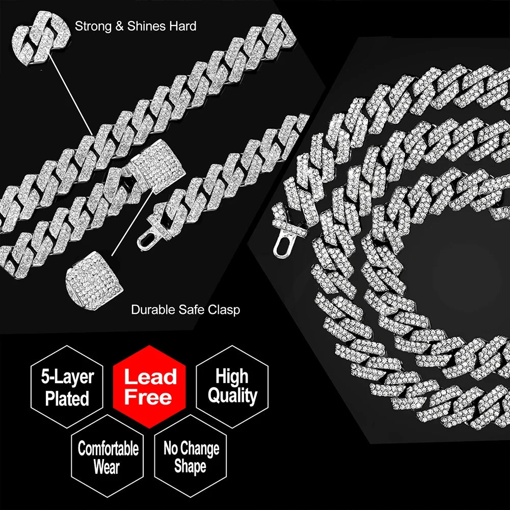 14mm Iced Out Prong Cuban Link Chain Necklace for 2 Row Rhinestone