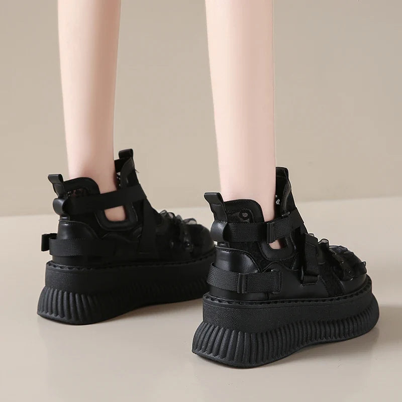 Lace Thick Bottom Sneaker Pumps Belt Buckle Elegant Fashion Comfortable Sexy Genuine Leather Women Shoes Round Toe New Hot Girls