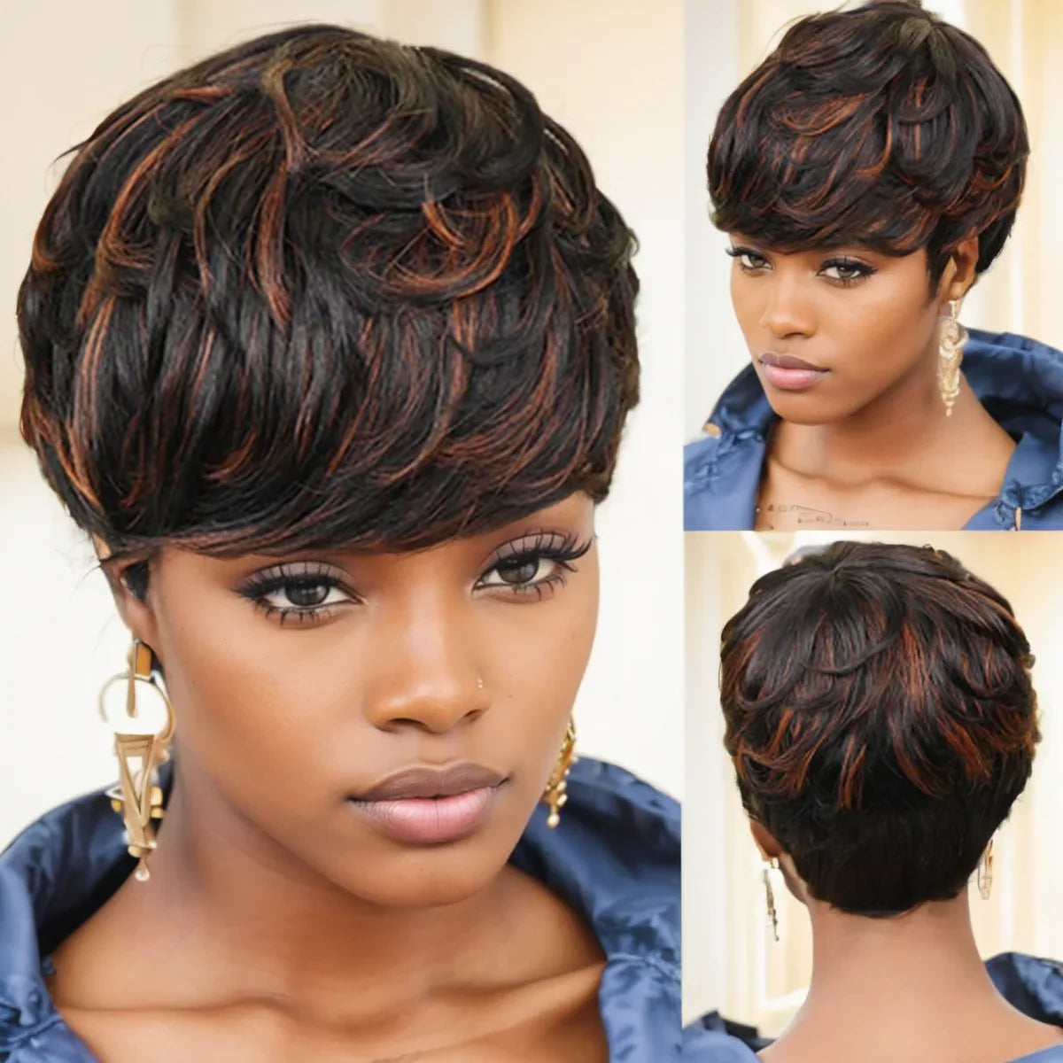 WIGERA Pelucas sintéticas destacadas Corto Liso Pixie Cut Peluca Bob Pelo Dorado Miel Mezcla Negro Cabello para Mujer