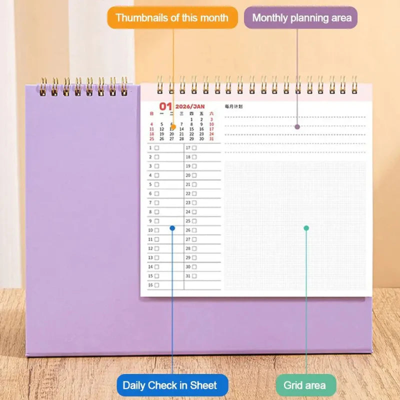Calendario de escritorio 2026 con notas adhesivas