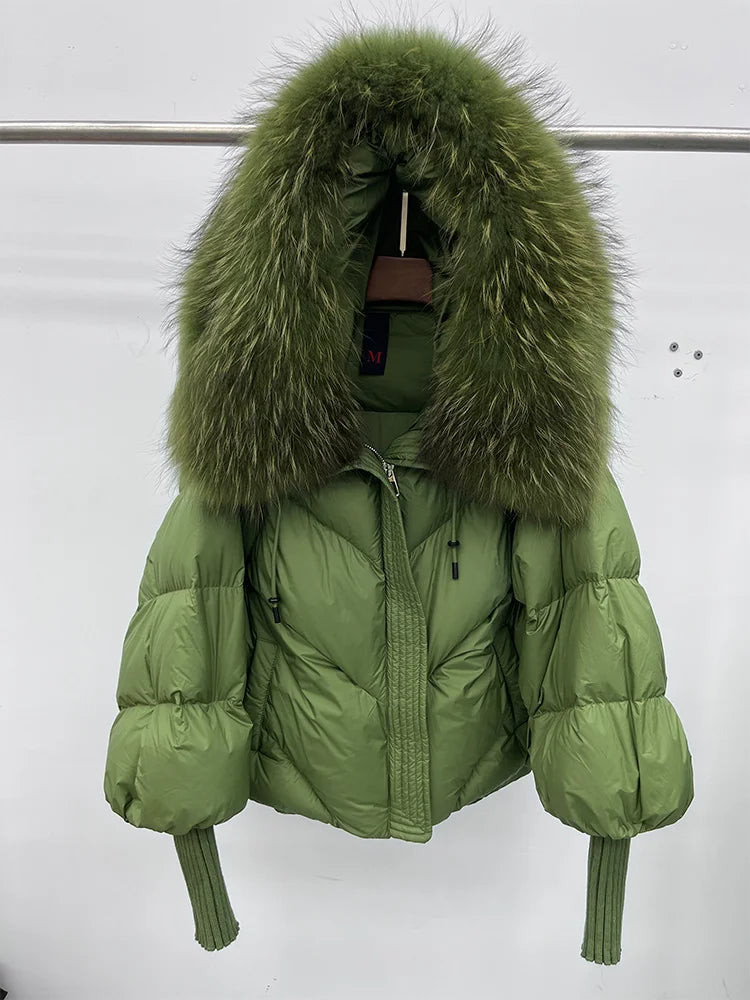 Women Winter Goose Down Jackets Real Fox Fur Collar Hooded Thick Natural Raccoon Fur Female Outwear Warm Loose Puffer Coats