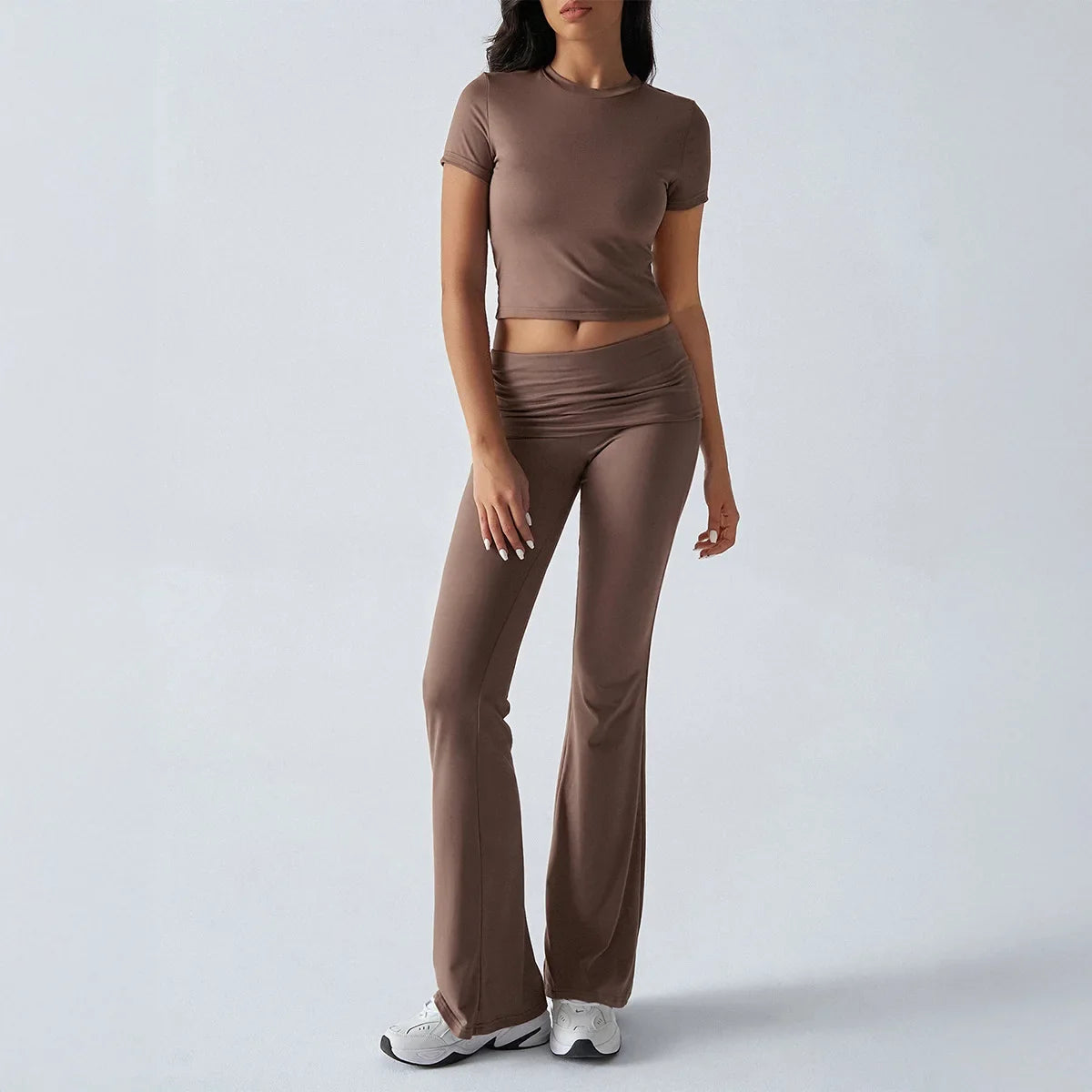 Women Casual Bodycon Two Pieces Set Short Sleeve Crop Top Slim High Waist Running Tracksuit Suit Summer Pants Outfit 2PCS