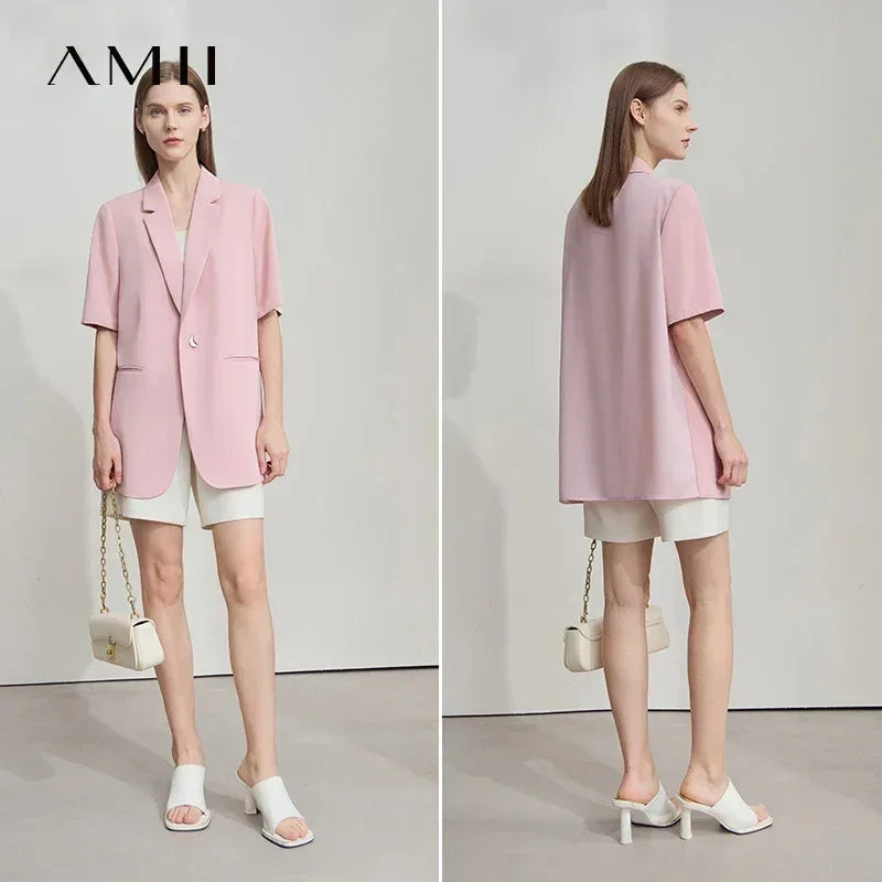Amii Women's Top Minimalist 2025 Summer New Notched Lapel Contrast Material Patchwork One Button Short Sleeve Blazer 12542081