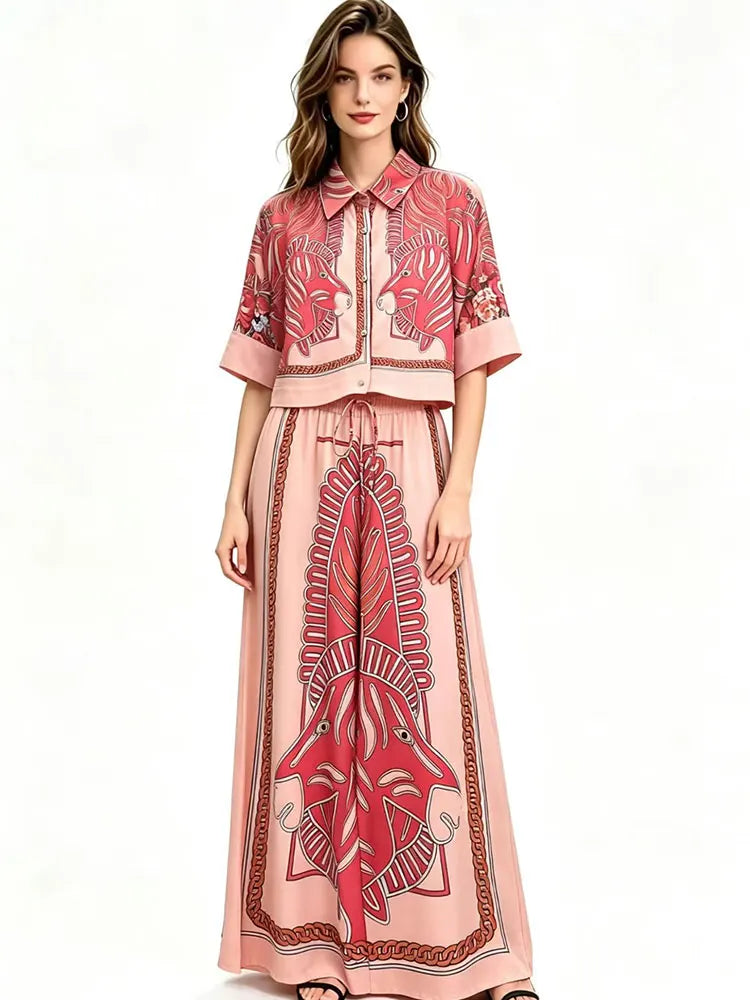 2026 Summer New Fashion Women's Print Suit Lapel Short Sleeve Short Waist Shirt + Elastic Waist Straight Trousers Two-Piece