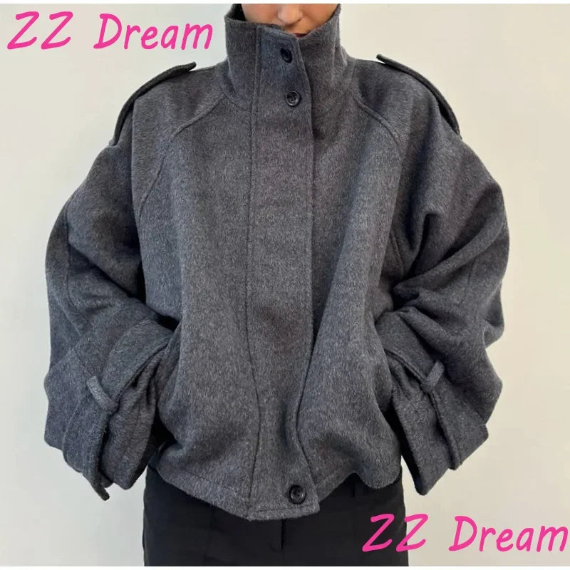 Fashion Short Woolen Coat For Women Stand Collar Full Sleeve Loose Zipper Jacket Female 2025 Spring Autumn Solid Lady Outwear