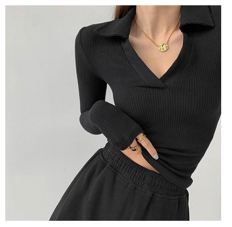 Sexy V-Neck Slim Fitness Women's T-Shirt Long Sleeve Polo Shirt Woman High Waist Cropped Tops