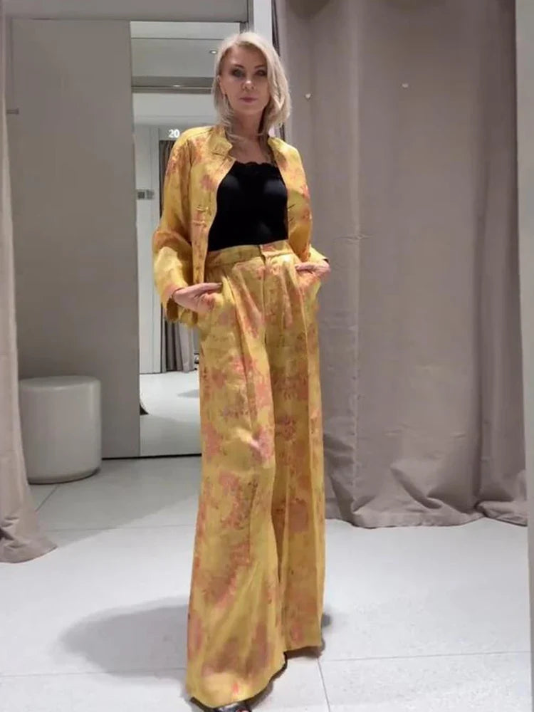 Fashion Women's Printed Button Top Long Pant Set Loose Stand Collar Full Sleeved Tops Wide Leg Pants 2026 Autumn Lady Suit New