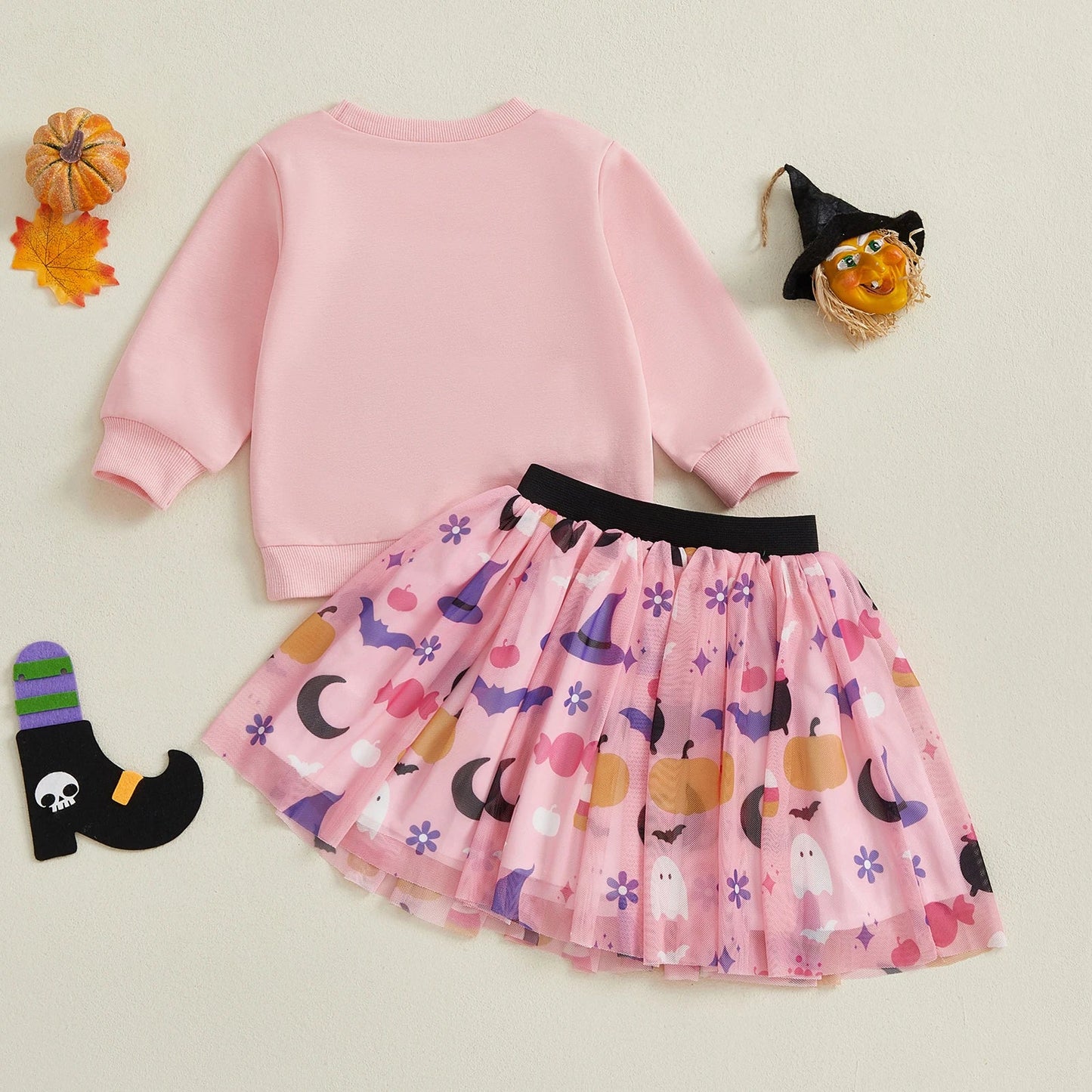 Baby Toddler Girls 2Pcs Girl Boo Halloween Outfit Long Sleeve Letter Ghost Embroidery Tops A-line Tulle Skirt Set