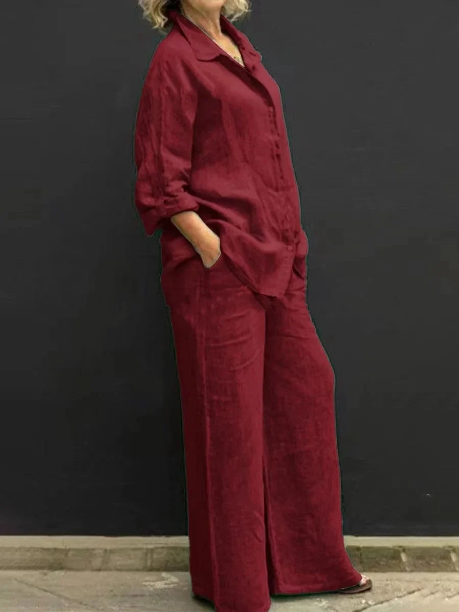 Solid Color Linen Two Piece Sets Women Outfits Spring Autumn Simple Long Sleeve Shirt Loose Trousets Set Office Casual Suit