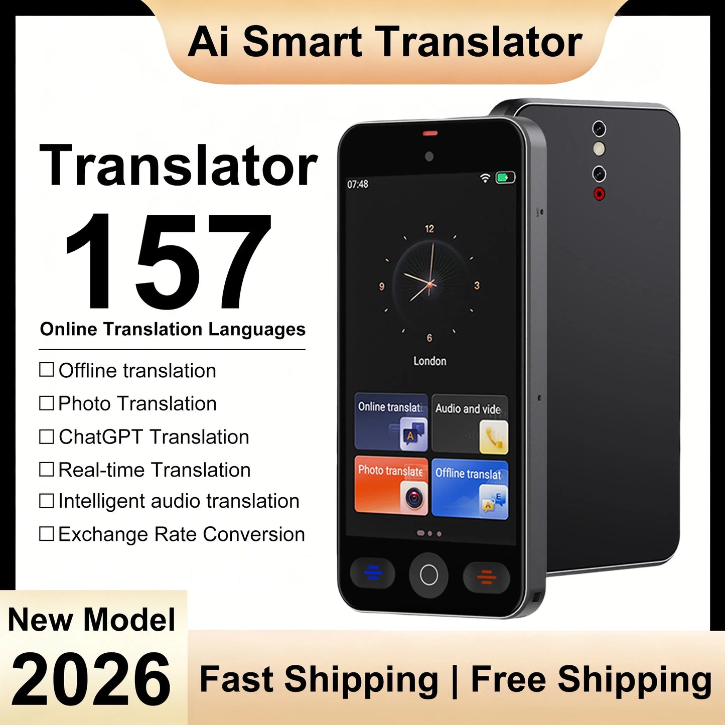 Language Translator Device with 148 Languages Voice Portable Ai  Translating Offline Translation Support Voice Video Recording