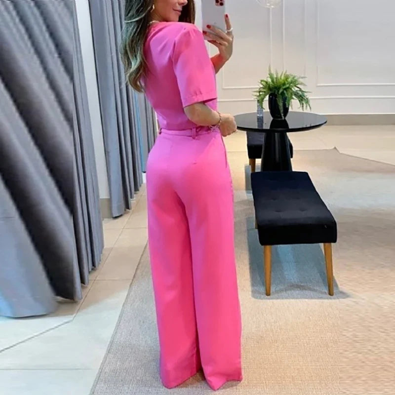 Fashion Office Lady Two Piece Sets O Neck Short Sleeve Short Shirt High Waist Straight Pants Suit Female Summer Outfits