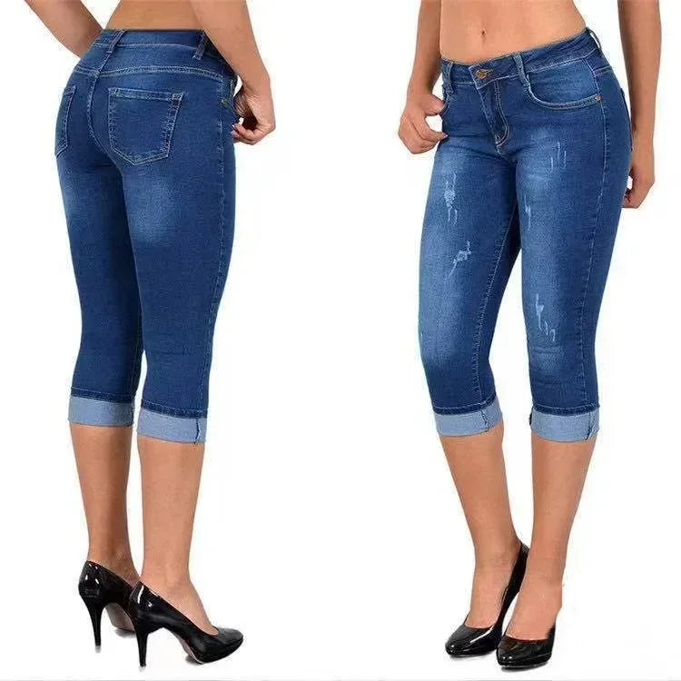 2026 Summer Women's Skinny Denim Pants Mid Waist Stretch Capri Pants Knee Length Trousers Fashion New Ladies Pencil Pants Jeans