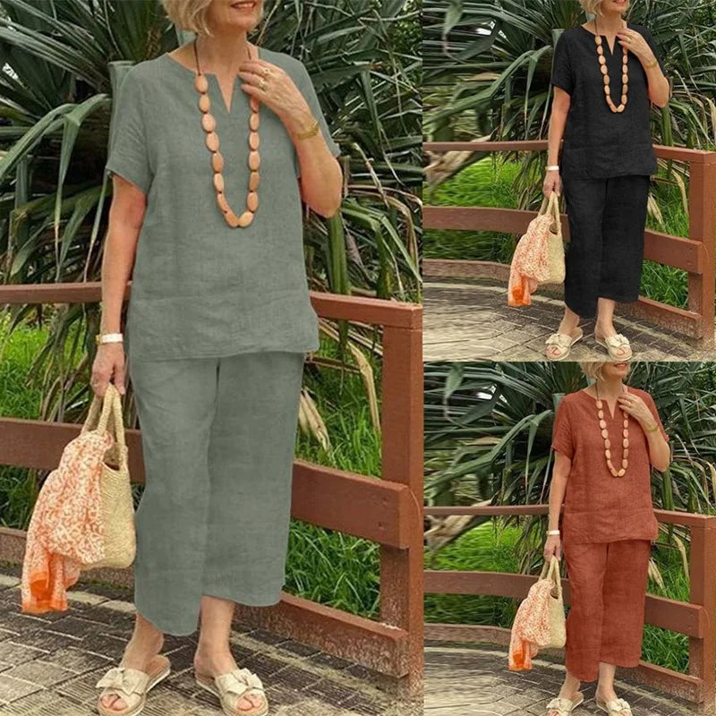 Short-sleeved Shirt Stretch Waist Trousers 2-piece Set Loose Casual Fashion Elegant Solid Color 2-piece Set Women's Clothing