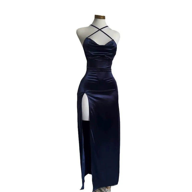 Sexy Hot Girls Slim Spaghetti Strap Long Dresses Women Solid Color Backless Package Hip Bodycon Slit Dress Party Club Vestidos