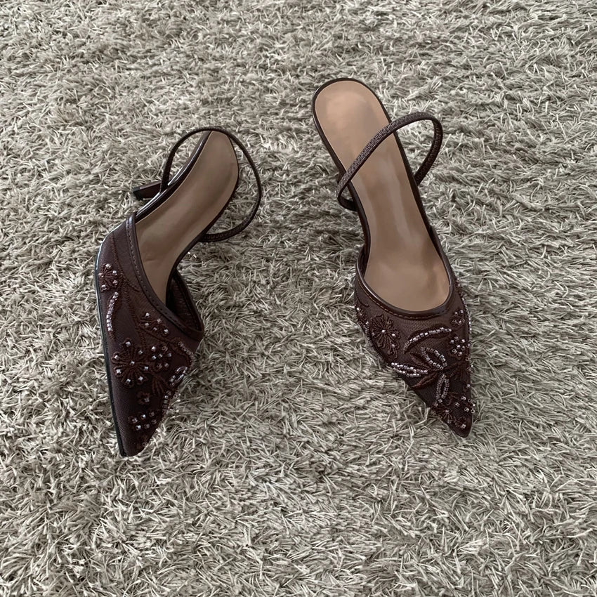 2026 String Bead Mesh Embroider Slingback High Heels Women Sexy Pointed Toe Heeled Sandals Summer Elegant Luxury Designer Shoes