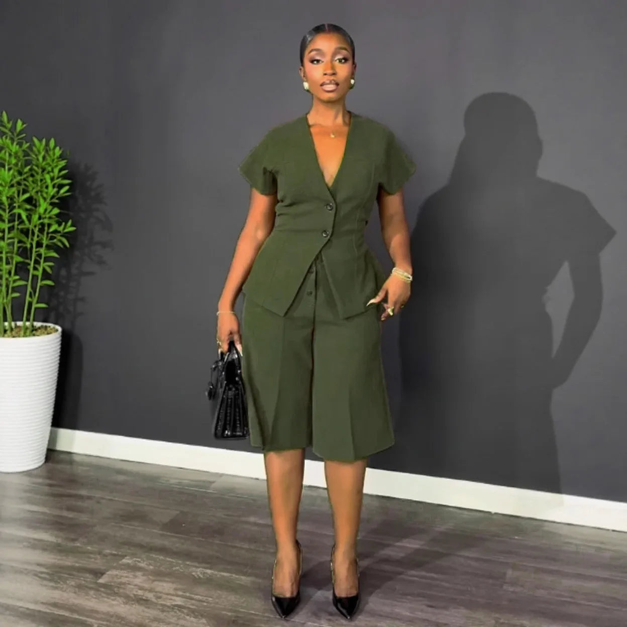 Two Pieces Women Pant Sets Solid Matching Sets Button V Neck Short Sleeves Coat Empire Waist Knee Length Pants Loose 2026 Autumn