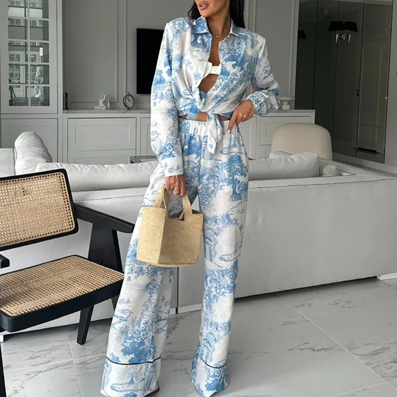 Women Causal Long Sleeve Loose 2Pc Sets Vintage Pattern Printed Office Outfits 2024 Fashion Lapel Collar Shirt & Long Pant Suit