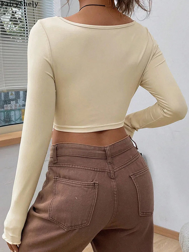 Fairyshely 2026 Autumn Winter V Neck Bodycon T-shirt Sexy Women Long Sleeve Bodycon Crop Top Lady Apricot Y2K Club Short Tops