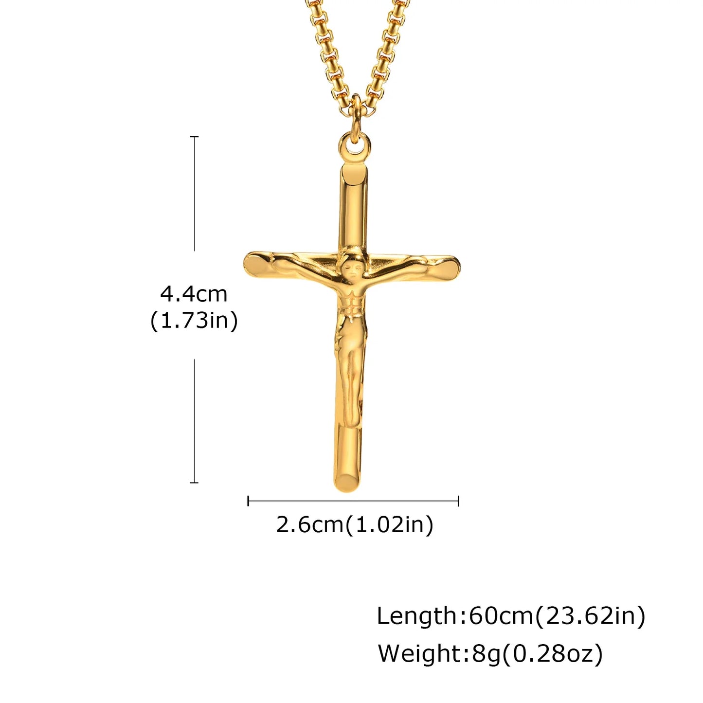 Stainless Steel Cross Necklace Catholicism Jesus Pendant Gold Color Collar Church Prayer Faith Jewelry for Men Women Gift