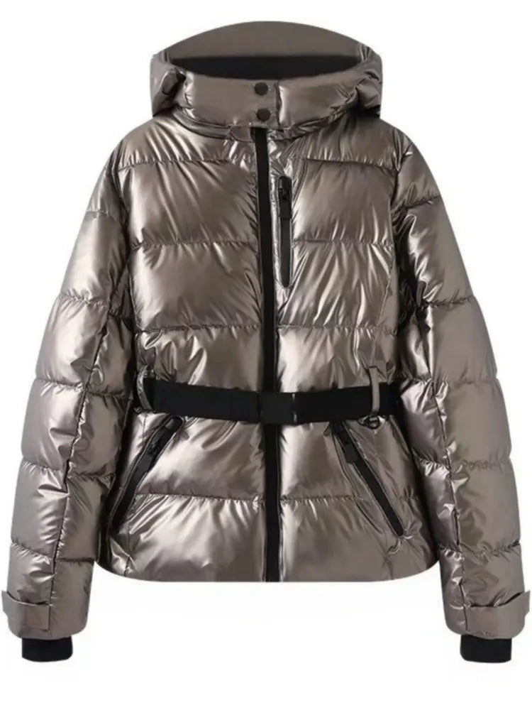 Women's Winter Hooded High Waist Padded Sport Parkas Coats with Belt Female Elegant Thick Warm Pockets Windproof Skiing Jackets