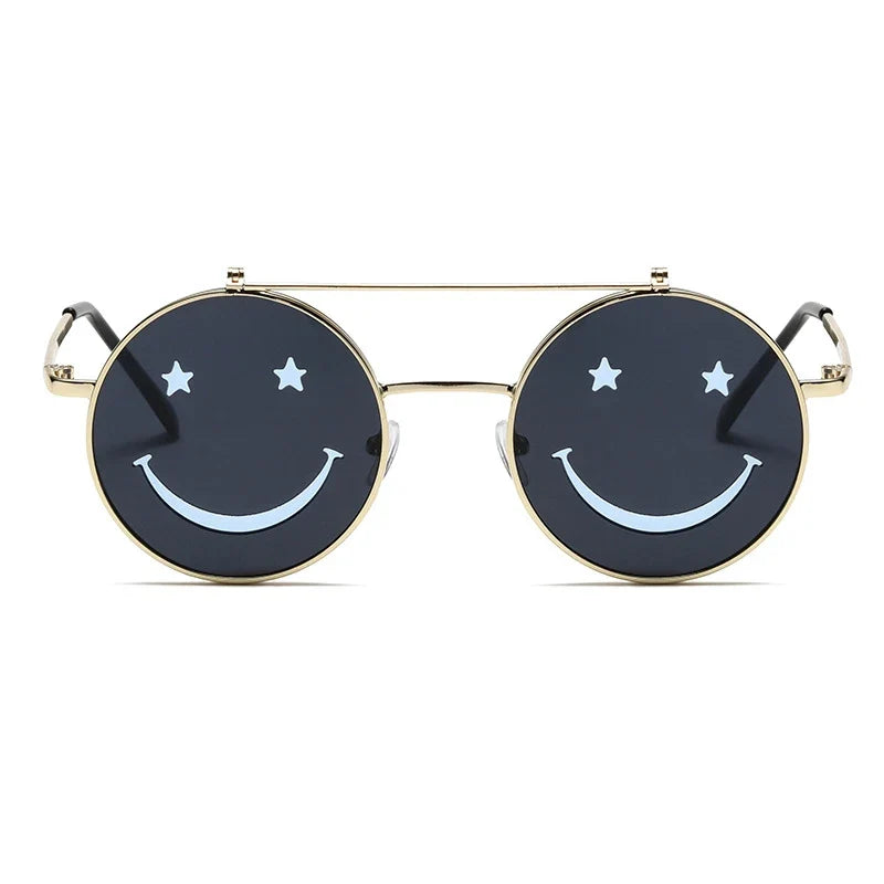 Trendy Smiley Face Flip-Up Sunglasses for Women Ocean Style Adjustable Nose Bridge UV400 Protection