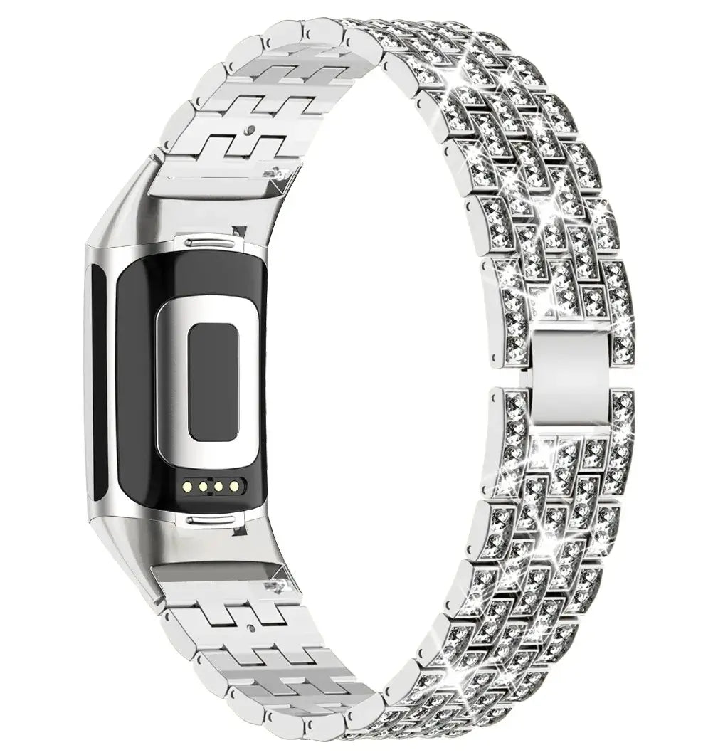 Fitbit Charge 6, 5, 4 & 3 Metal Link Bracelet Band, Crystal Accents
