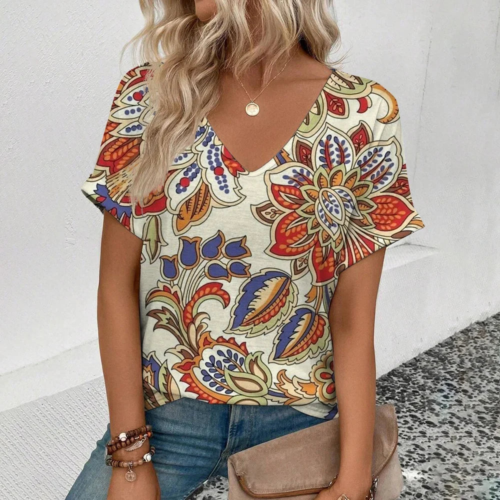 Women's Plus Size T-Shirt Summer V-Neck T Shirt For Women Daily Fashion Short Sleeve Casual T-Shirt 3d Print Female Clothes