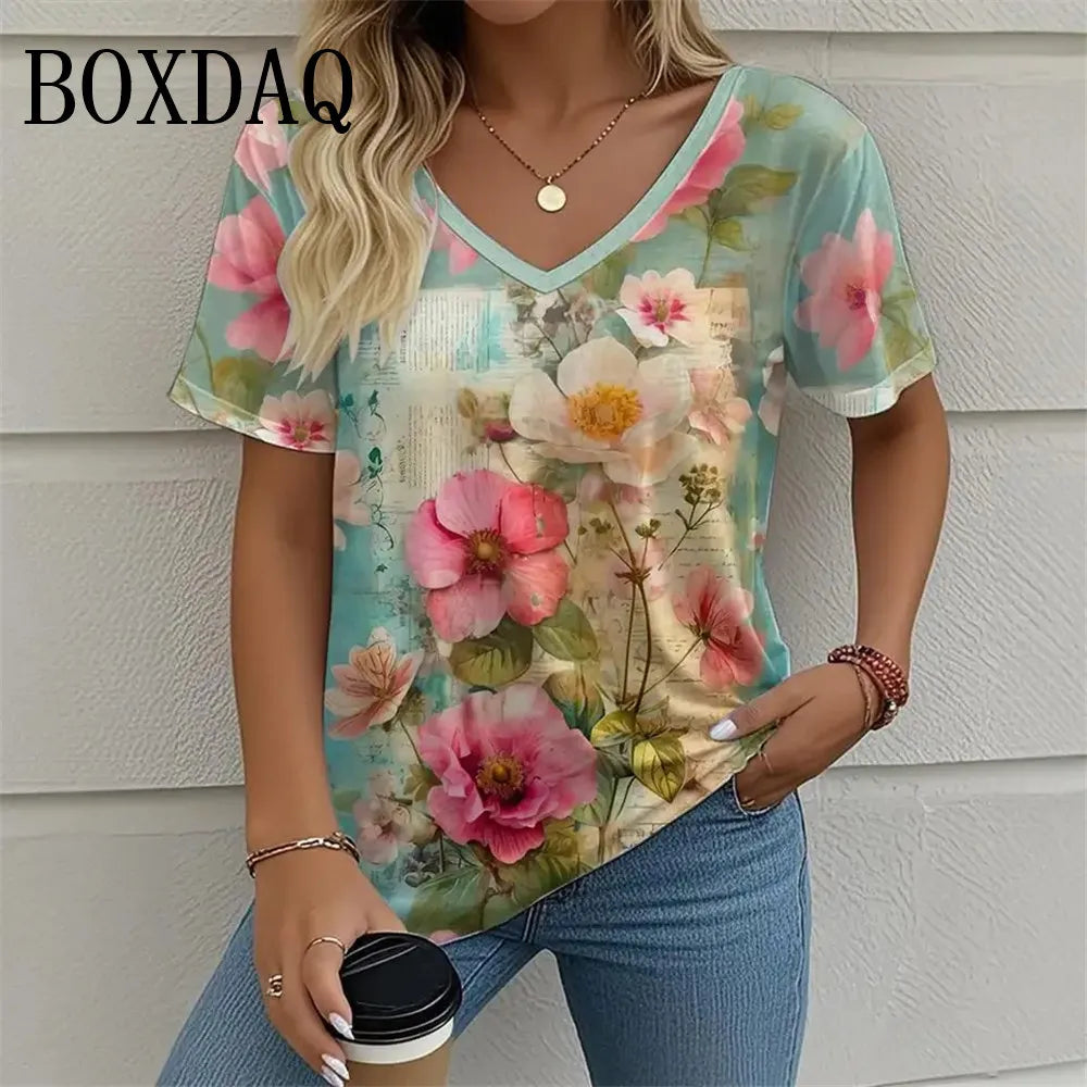 Plant Flowers 3D Print T Shirt For Women 2025 Summer Retro Short Sleeve Shirts Casual Tie Dye Butterfly Loose Plus Size Tops 8XL