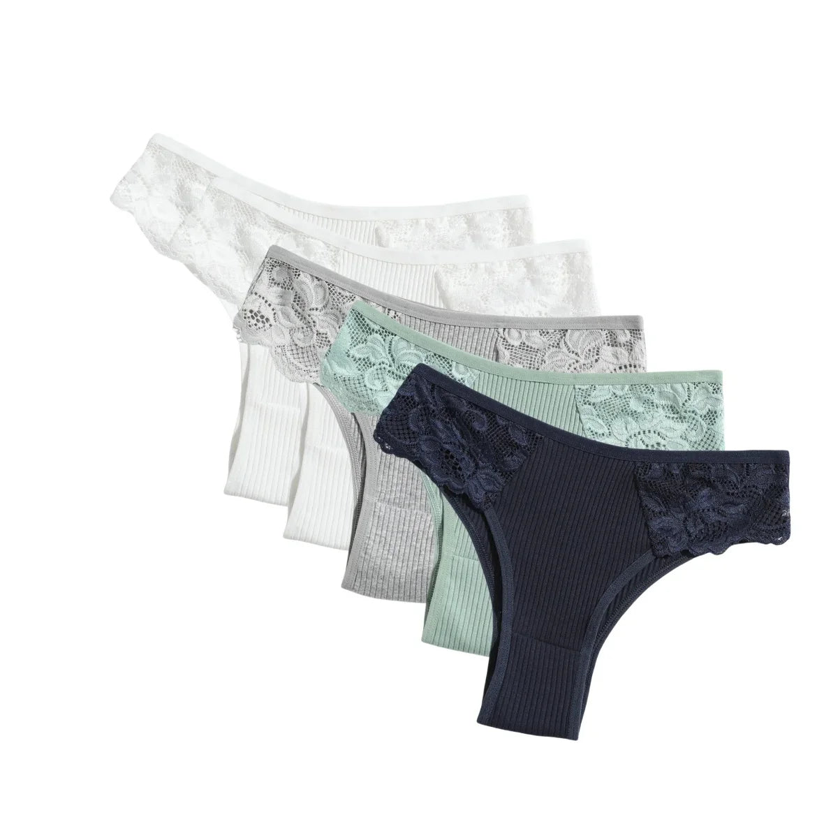 5Pcs/Set Women Cotton Panties Floral Lace Side Panel Low Rise Rib Briefs Low Cut Underwear Comfort Sexy Lingerie Daily Bikini