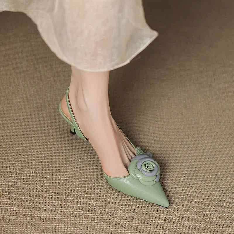 Elegant Woman Sandals High Heel Genuine Leather Pointed Toe Footwear 2025 Summer Slingback Fashion Dress Ladies Women Shoes