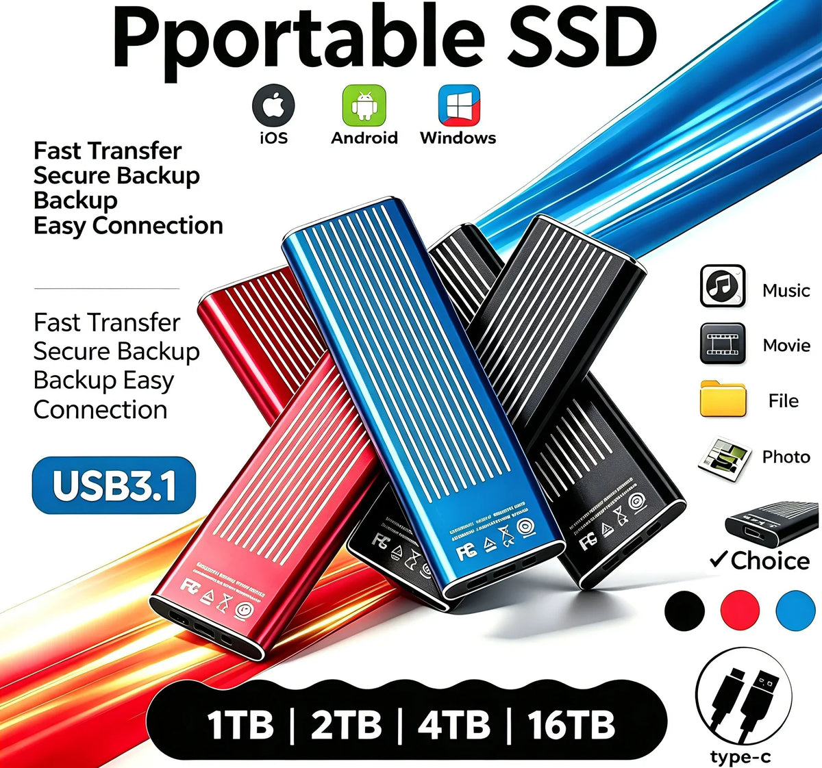 Portable External SSD USB3.2, High Speed 1TB-16TB Solid State Drive, Lightweight Pocket Design for Laptop, Desktop, Mac & Phone