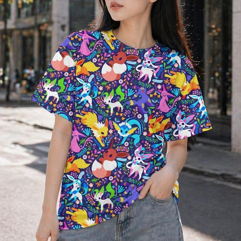 Pok É Mon Eevee Collection Printed Short Sleeves for Spring and Summer Breathable Loose Anime Peripheral Casual T-shirt