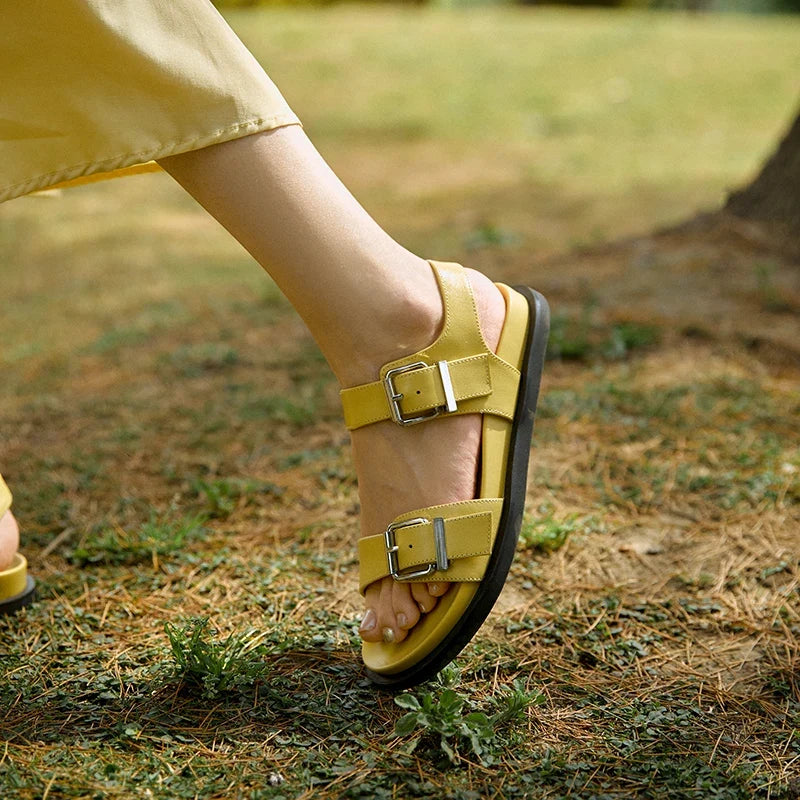 Summer Sandals Genuine Leather Yellow Footwear Flat  Heeled Roman Style Women Sandals Gladiator Buckle Strap Shoes
