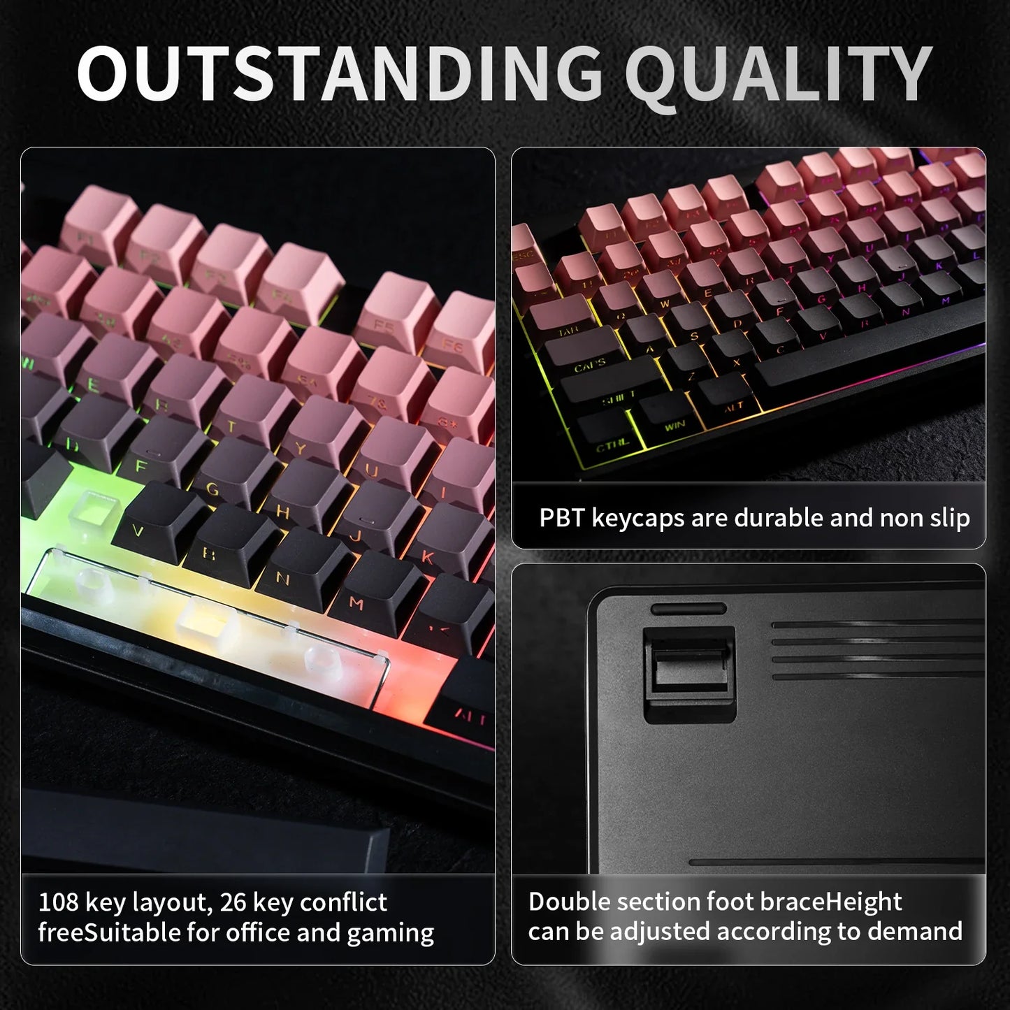 V108 Bluetooth Keyboard  Office Low Noise 2.4G Wired&Wireless Full Layout with RGB Backlit Membrane