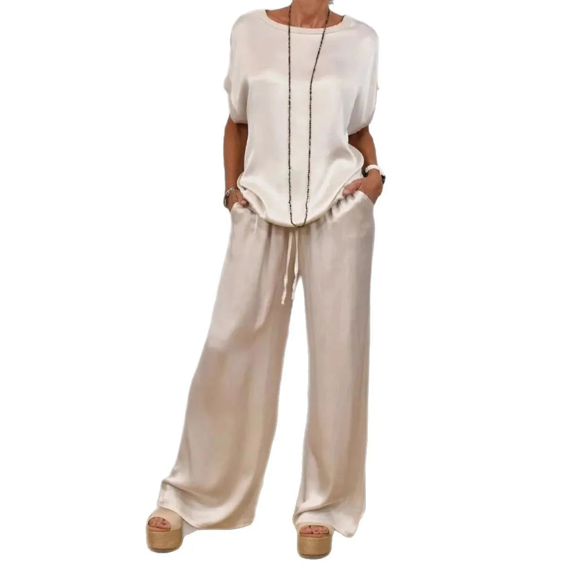 Casual Loose Satin T Shirt Pants Two Piece Sets Women Fashion O-neck Short Sleeve T Shirts Suit Spring Summer Wide Leg Pant Sets