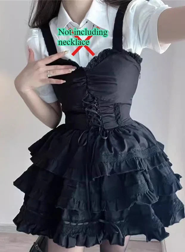 Large Size Cute White Turn-down Collar Short Sleeve Shirt Girl Black Ruffles Splicing Lace-Up A-line Cake Suspender Dress Sets