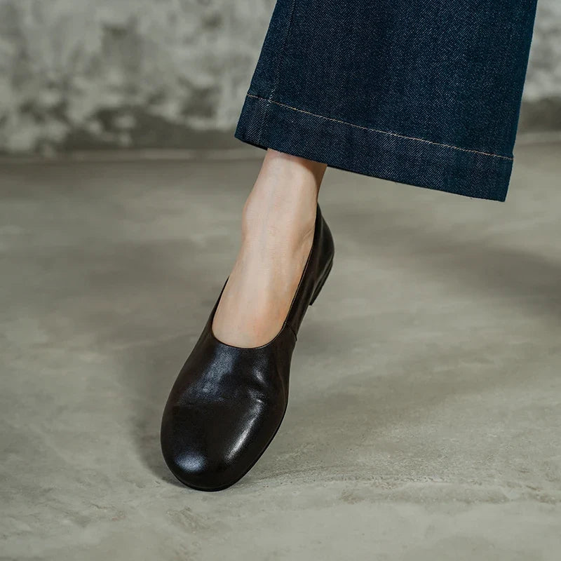 2026 Spring Shallow Mouth Round Toe Loafers Women Shoes Genuine Leather Boat Shoes Fashion Concise Ballet Flats Women Flats