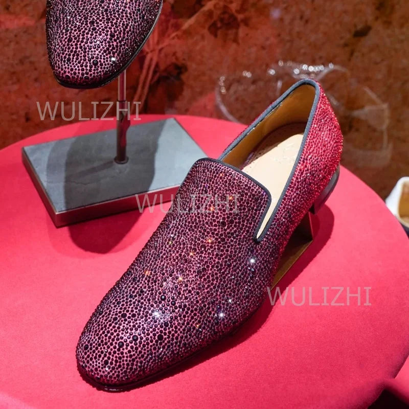 Gold Full Crystal Shiny Men's Loafers Wine Red Black Gradient Oxfords Flat Shoes Party Luxury Clogs Round Toe Casual Print Shoes