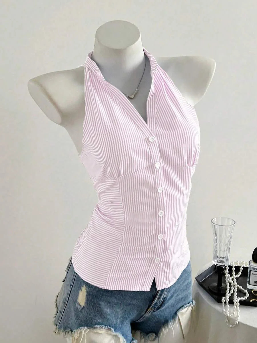 Summer Casual Shirt Women's Blue Striped Halter Top V Neck Button Down Sleeveless Slim Fit Blouse 2026 Y2K Style Streetwear