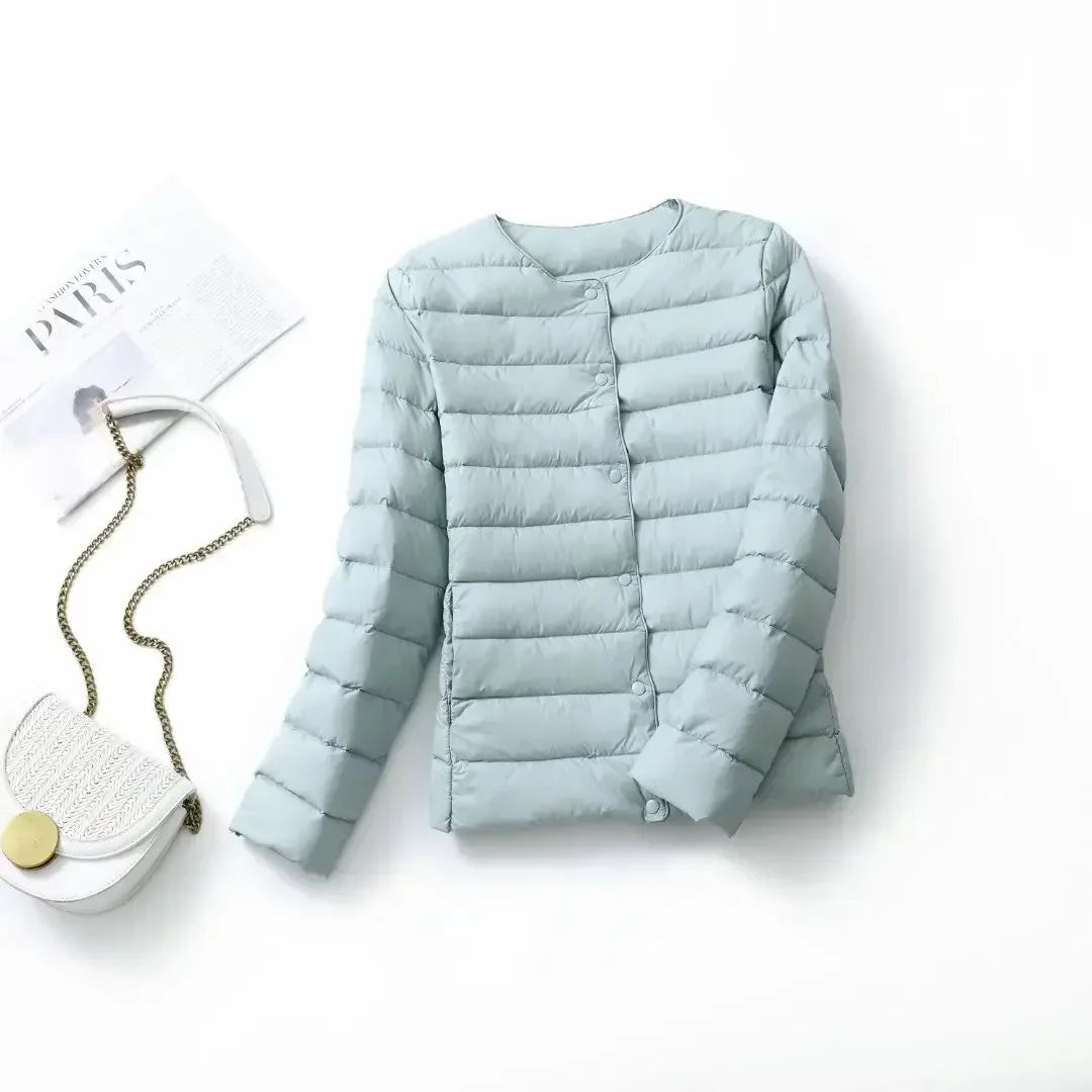 New Female Light Down Coat Women Liner Duck Down Jacket O-neck Variable V-neck 2024 Fall Collarless Light Quilted Puffer Coat
